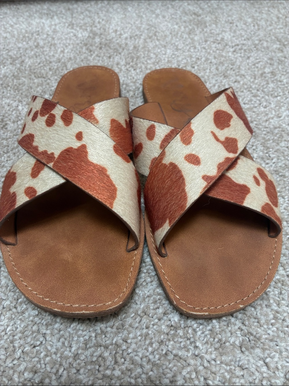 Women's Cowhide Crossband Slide Sandals in Tan & Cream